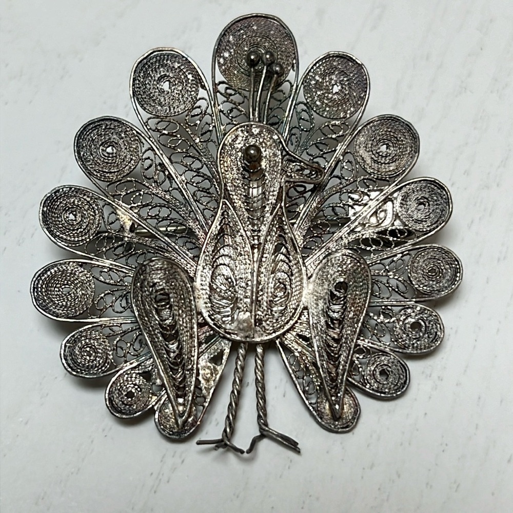 Silver Filigree Peacock Brooch